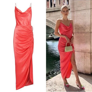 Veronica Beard Natasha Satin Draped Ruched Midi Dress Coral Pink Women's Size 0